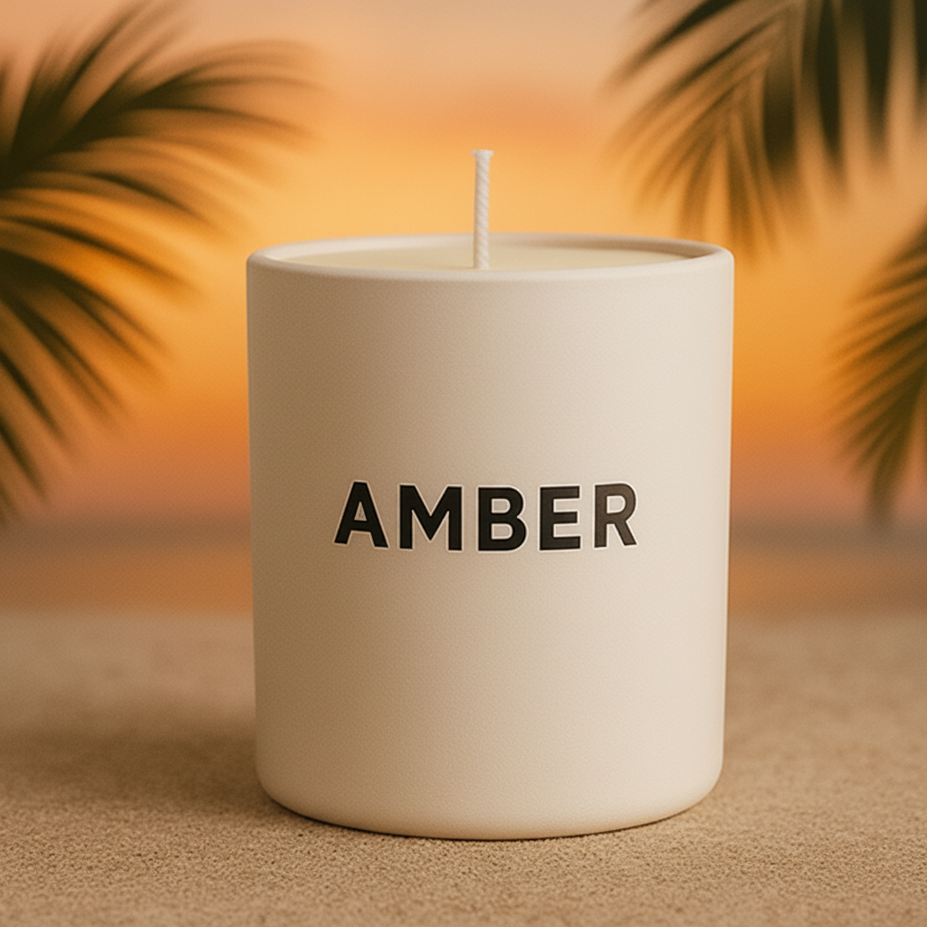 White mug with 'AMBER' text against a blurred sunset background