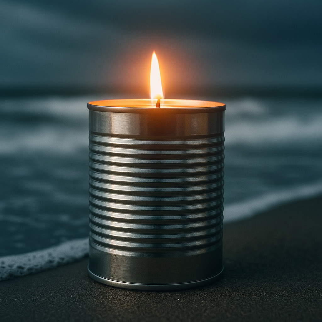 Metal candle on a dark surface with a blurred ocean background