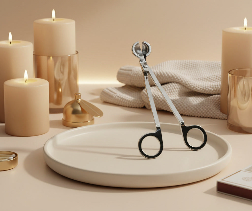 A wick trimmer with a metallic finish and black handles, placed against a white background with the text 'Trim Your Wicks' above.